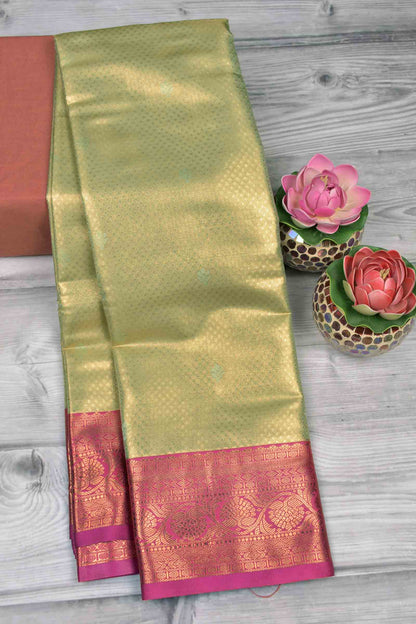 Golden Light Green Semi Tissue Silk Mini Checks Contrast Pink Zari Border Pallu Soft Saree