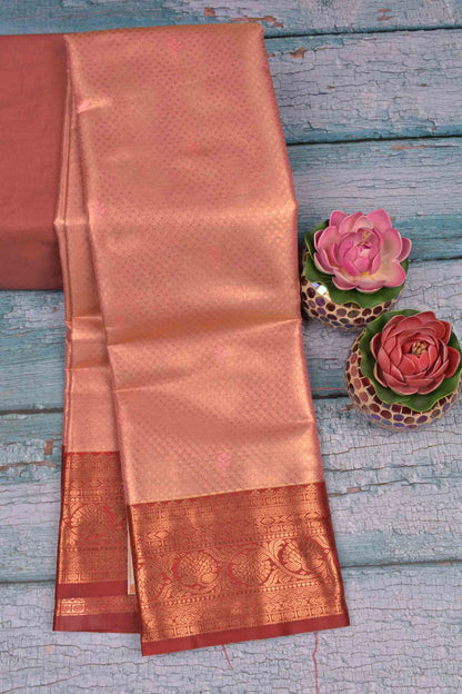 Golden Pink Semi Tissue Silk Mini Checks Contrast Red Zari Border Pallu Soft Saree