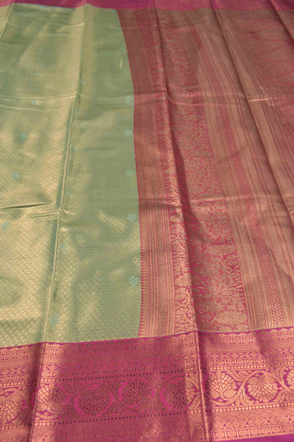 Golden Light Green Semi Tissue Silk Mini Checks Contrast Pink Zari Border Pallu Soft Saree
