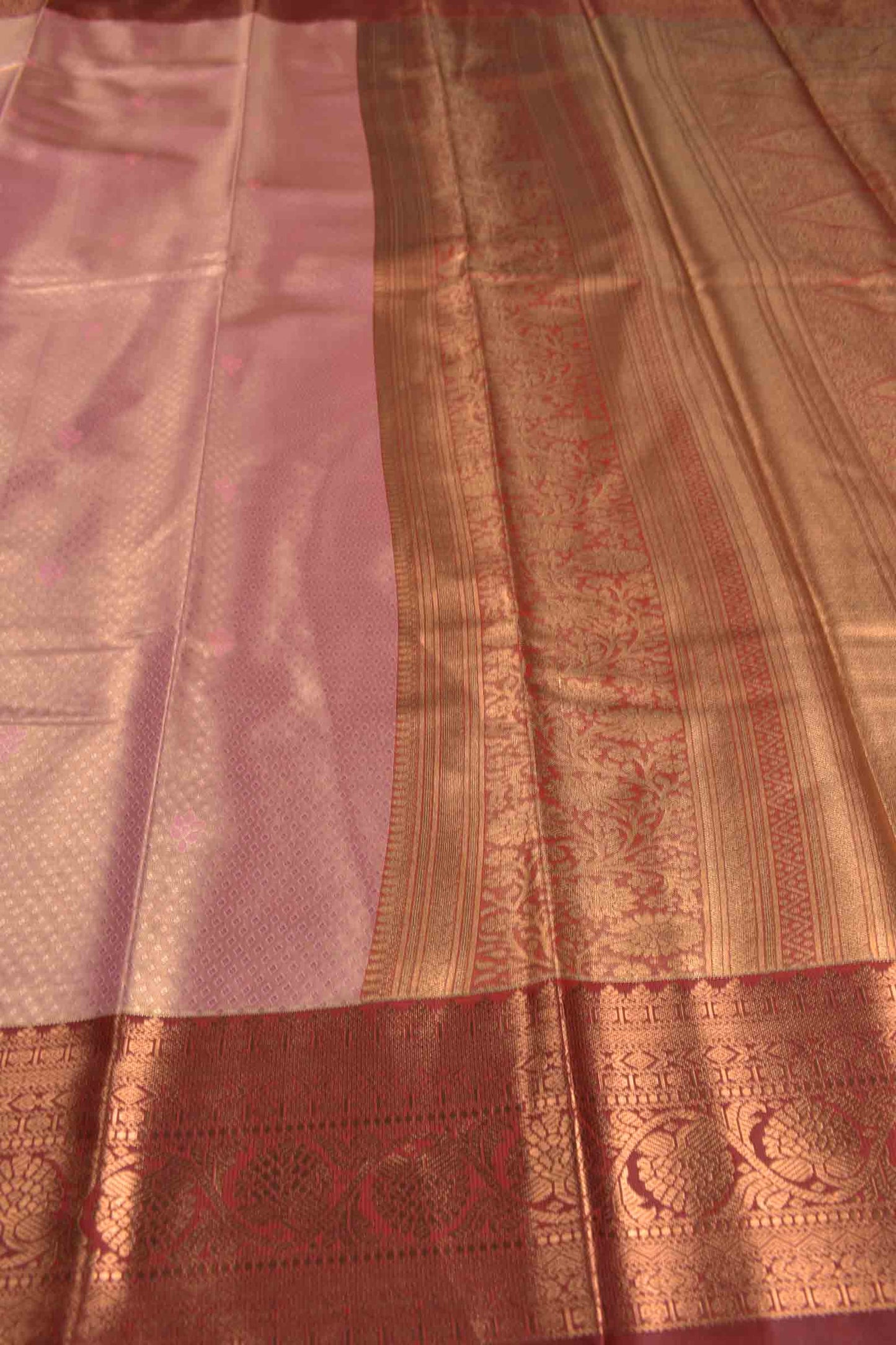 Golden Pink Semi Tissue Silk Mini Checks Contrast Red Zari Border Pallu Soft Saree