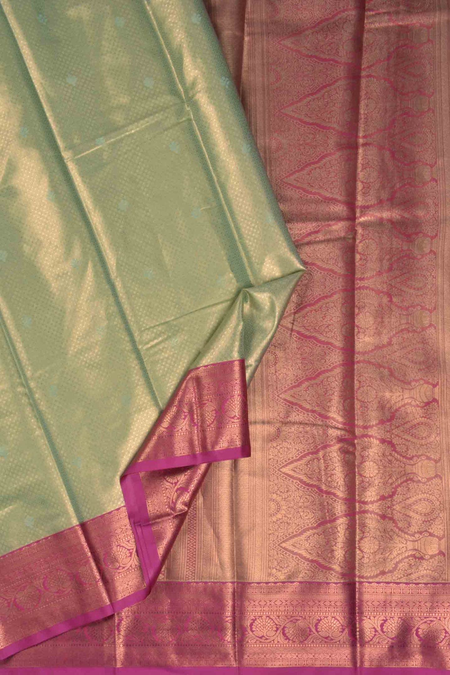Golden Light Green Semi Tissue Silk Mini Checks Contrast Pink Zari Border Pallu Soft Saree