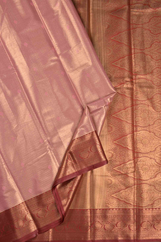 Golden Pink Semi Tissue Silk Mini Checks Contrast Red Zari Border Pallu Soft Saree