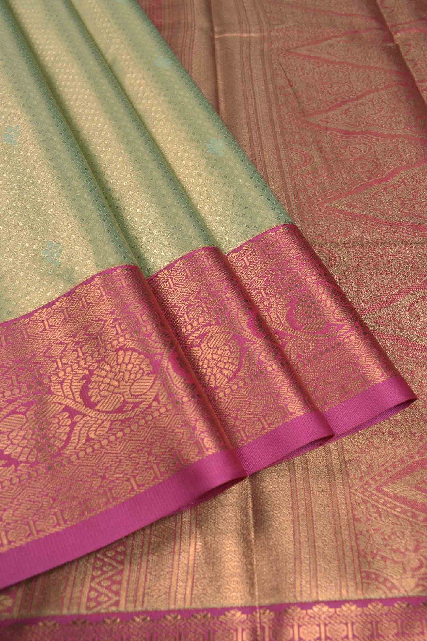 Golden Light Green Semi Tissue Silk Mini Checks Contrast Pink Zari Border Pallu Soft Saree