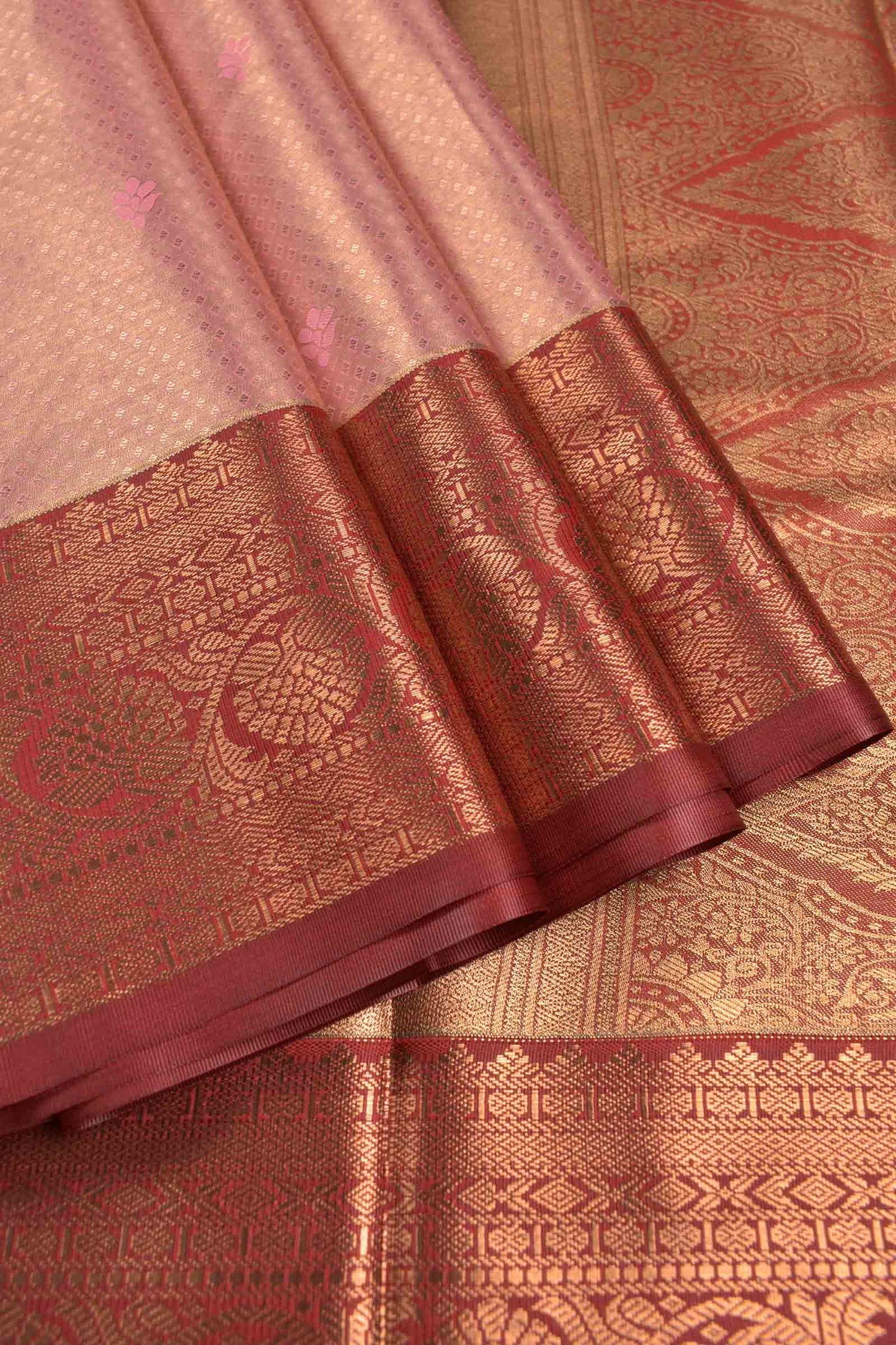 Golden Pink Semi Tissue Silk Mini Checks Contrast Red Zari Border Pallu Soft Saree