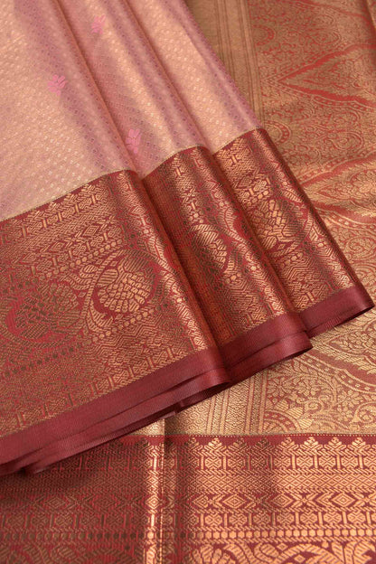 Golden Pink Semi Tissue Silk Mini Checks Contrast Red Zari Border Pallu Soft Saree