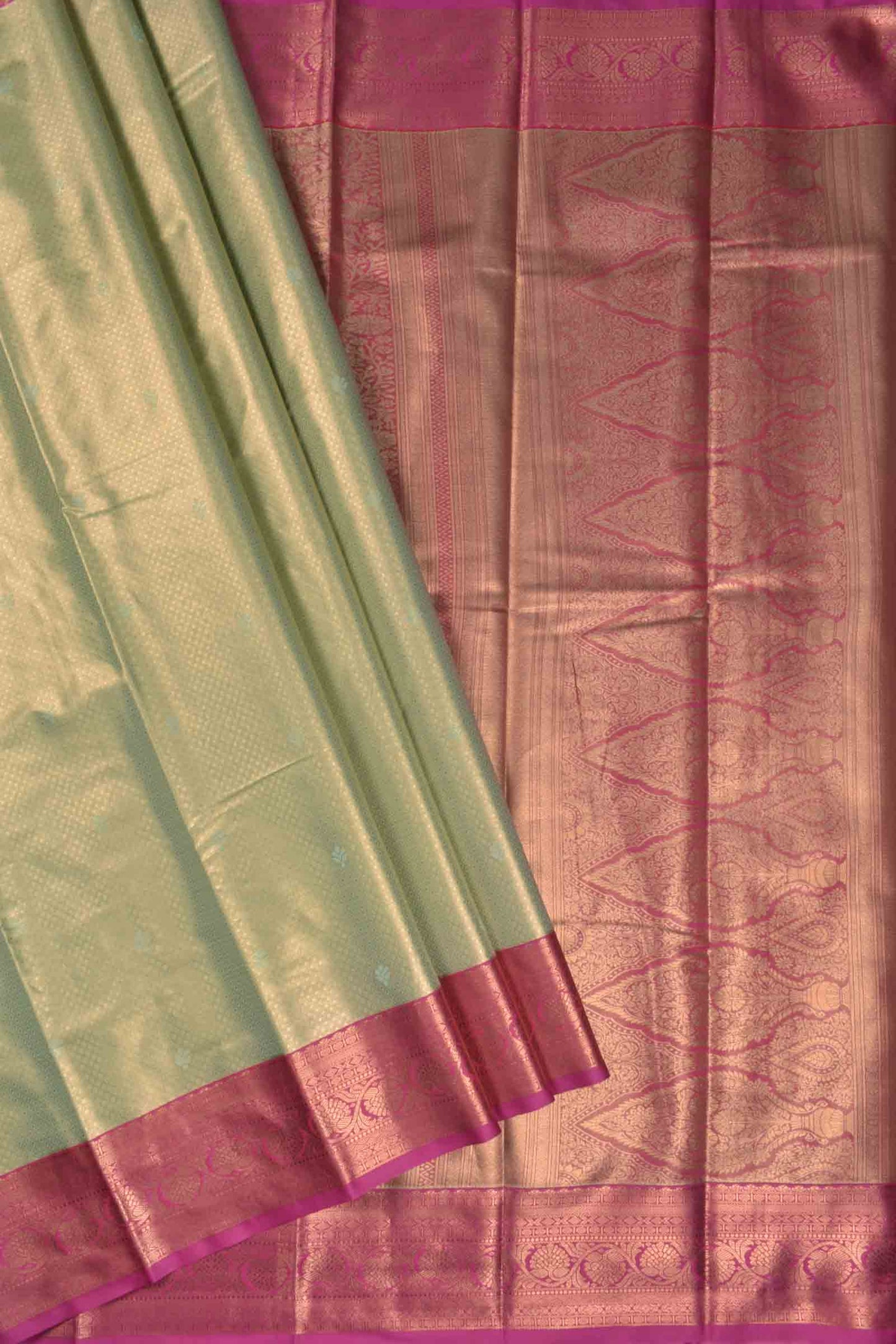 Golden Light Green Semi Tissue Silk Mini Checks Contrast Pink Zari Border Pallu Soft Saree