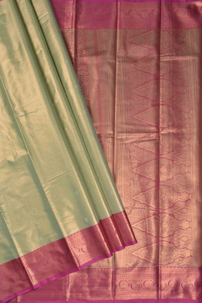 Golden Light Green Semi Tissue Silk Mini Checks Contrast Pink Zari Border Pallu Soft Saree