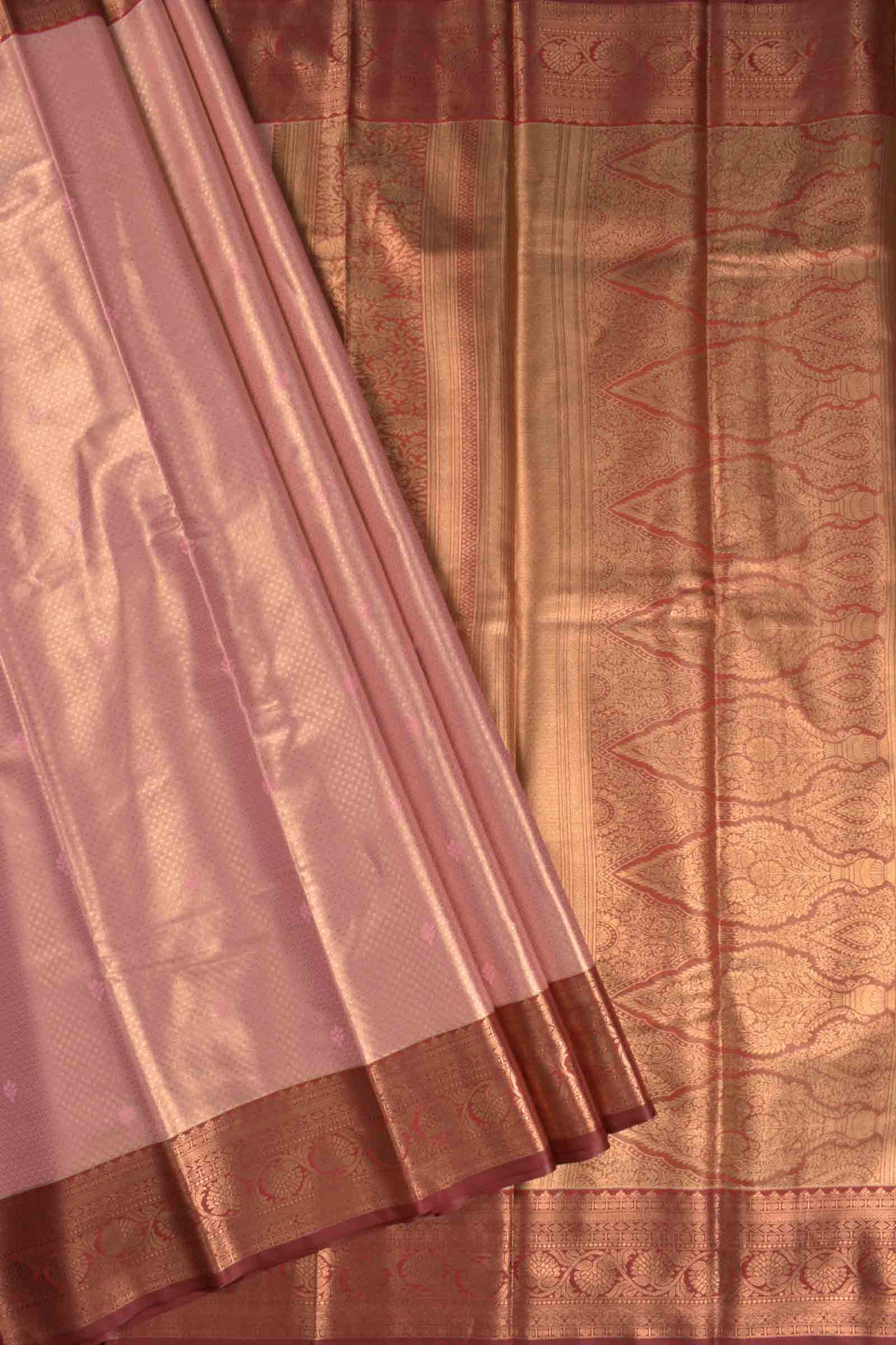 Golden Pink Semi Tissue Silk Mini Checks Contrast Red Zari Border Pallu Soft Saree