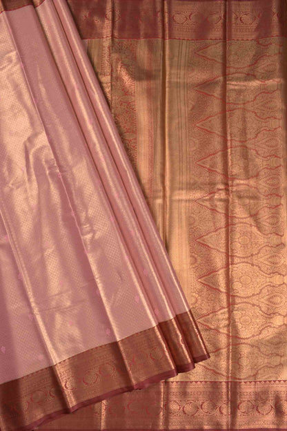 Golden Pink Semi Tissue Silk Mini Checks Contrast Red Zari Border Pallu Soft Saree