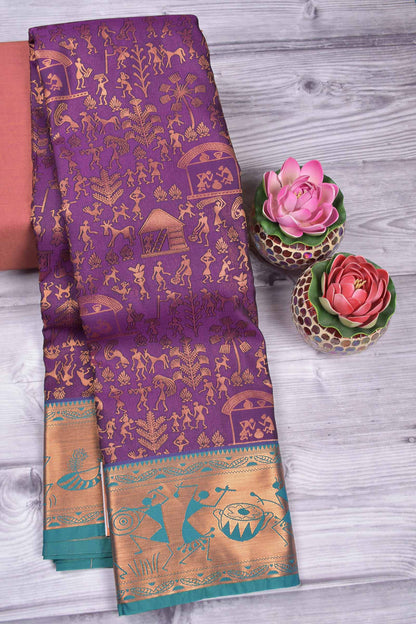 Violet Semi Silk Copper Zari Warli Inspired Contrast Green Zari Warli Border Pallu Saree