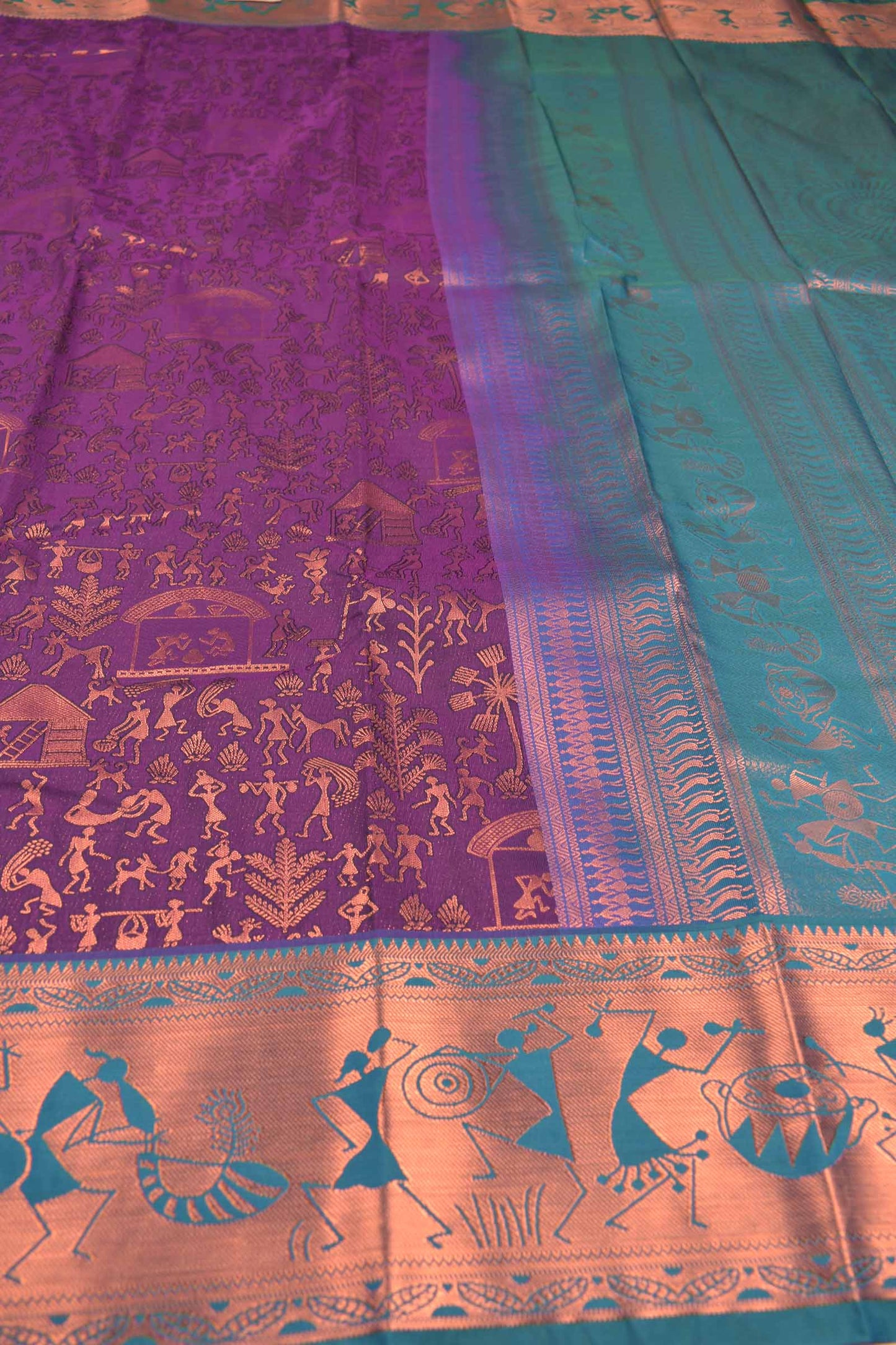 Violet Semi Silk Copper Zari Warli Inspired Contrast Green Zari Warli Border Pallu Saree
