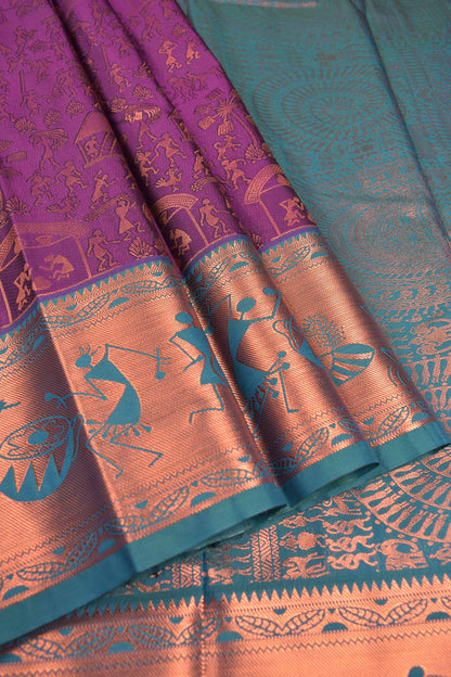 Violet Semi Silk Copper Zari Warli Inspired Contrast Green Zari Warli Border Pallu Saree