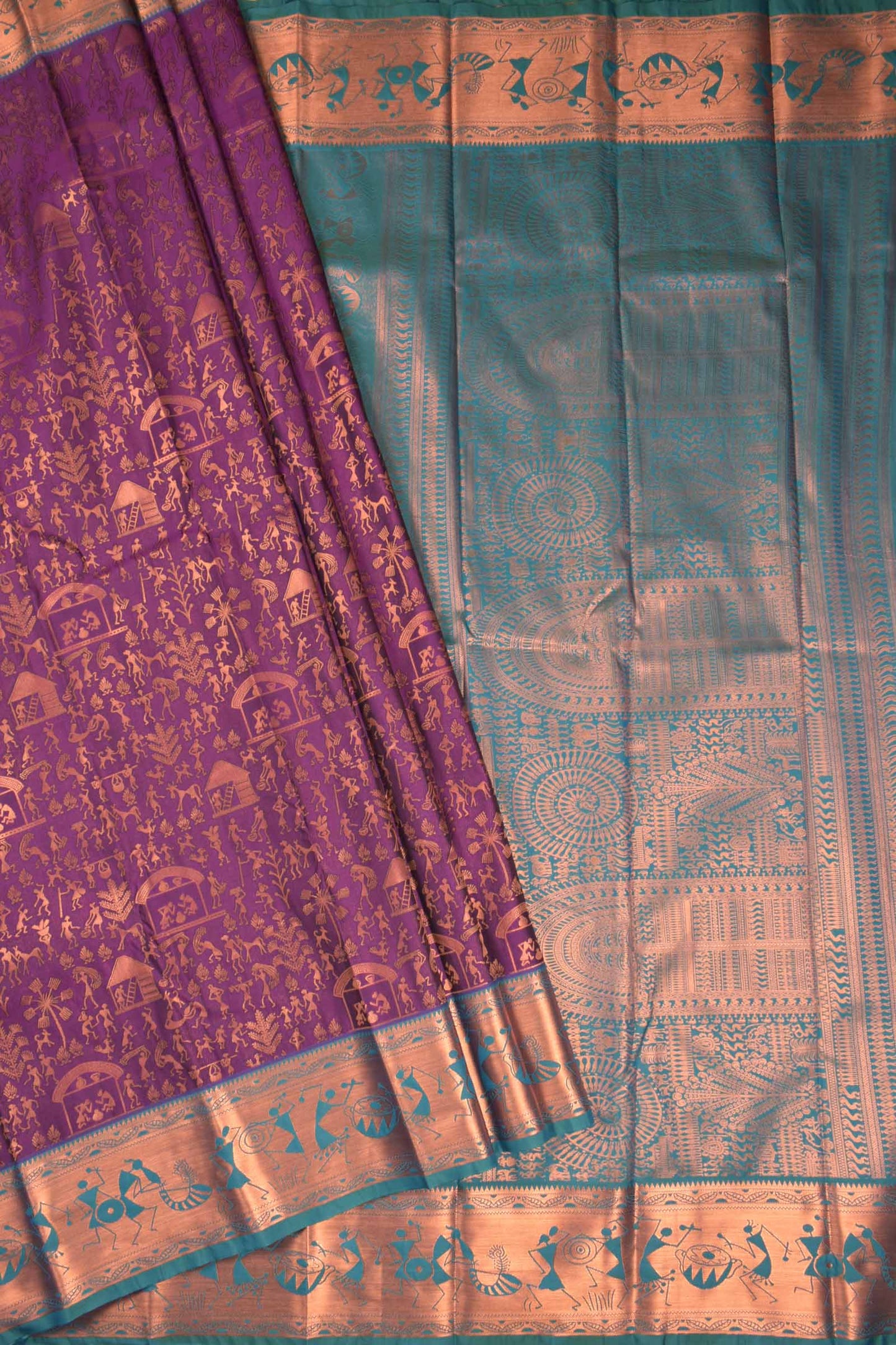 Violet Semi Silk Copper Zari Warli Inspired Contrast Green Zari Warli Border Pallu Saree