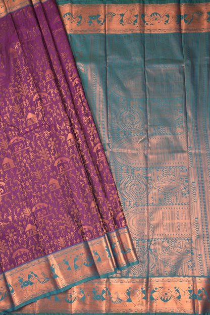 Violet Semi Silk Copper Zari Warli Inspired Contrast Green Zari Warli Border Pallu Saree
