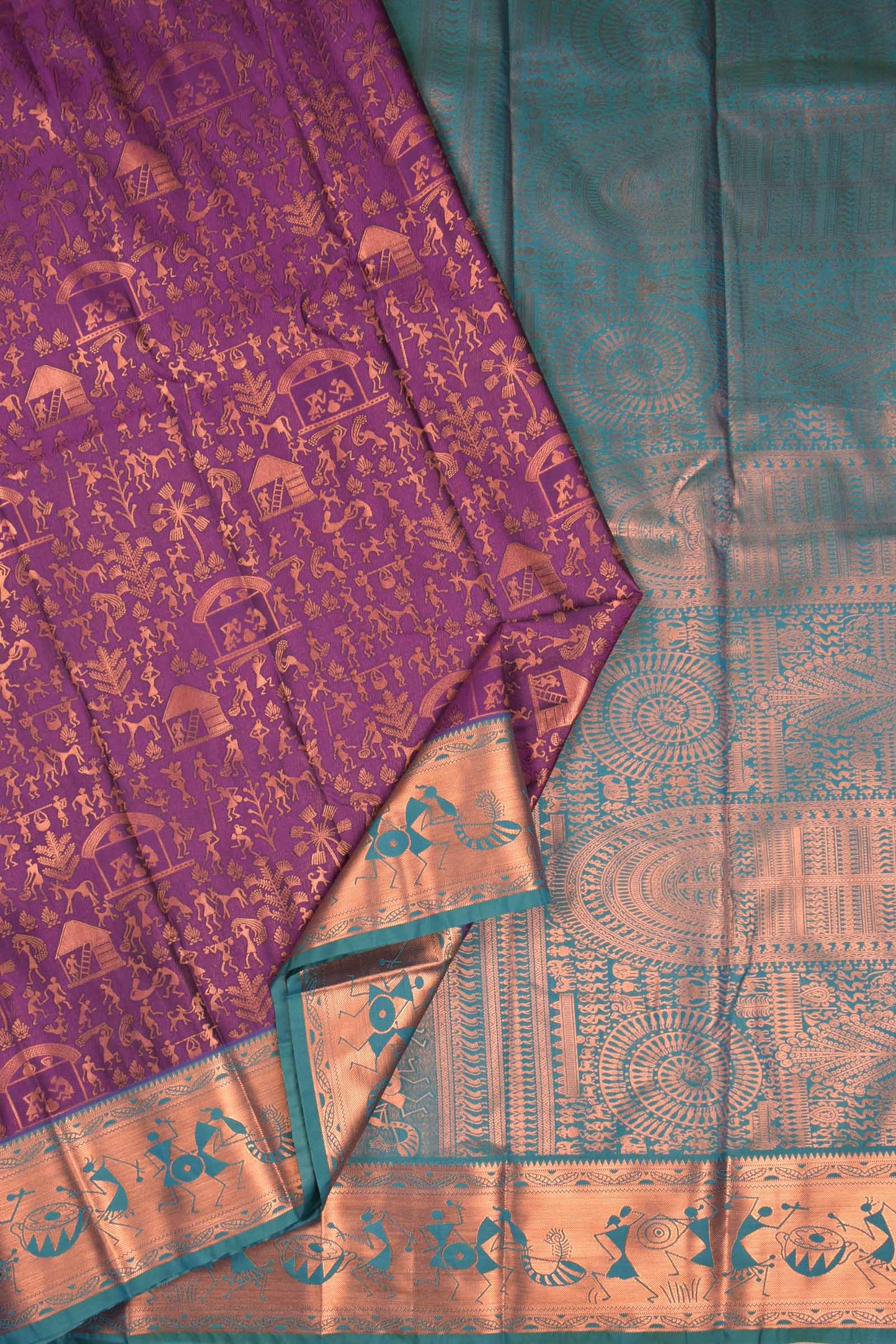 Violet Semi Silk Copper Zari Warli Inspired Contrast Green Zari Warli Border Pallu Saree