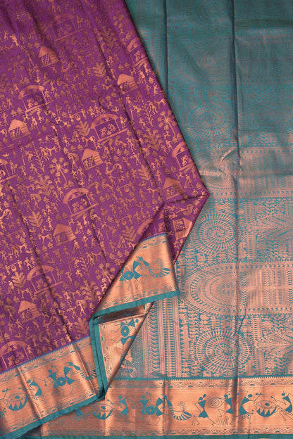 Violet Semi Silk Copper Zari Warli Inspired Contrast Green Zari Warli Border Pallu Saree