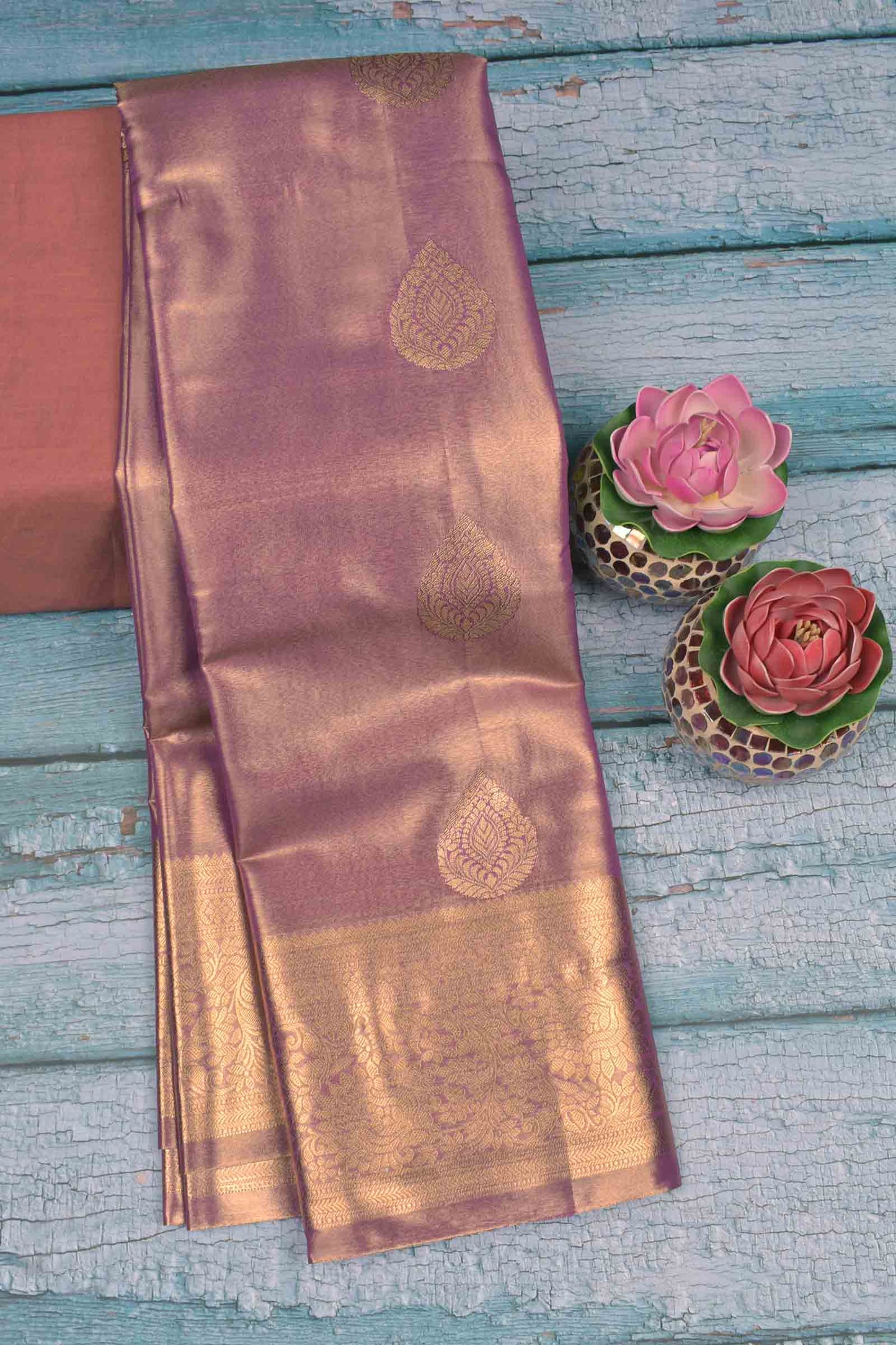 Golden Light Voilet Semi Tissue Silk Zari Body Butta Zari Border Pallu Soft Saree