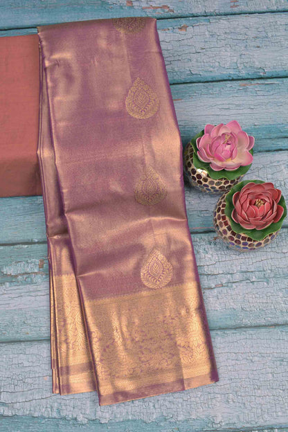 Golden Light Voilet Semi Tissue Silk Zari Body Butta Zari Border Pallu Soft Saree