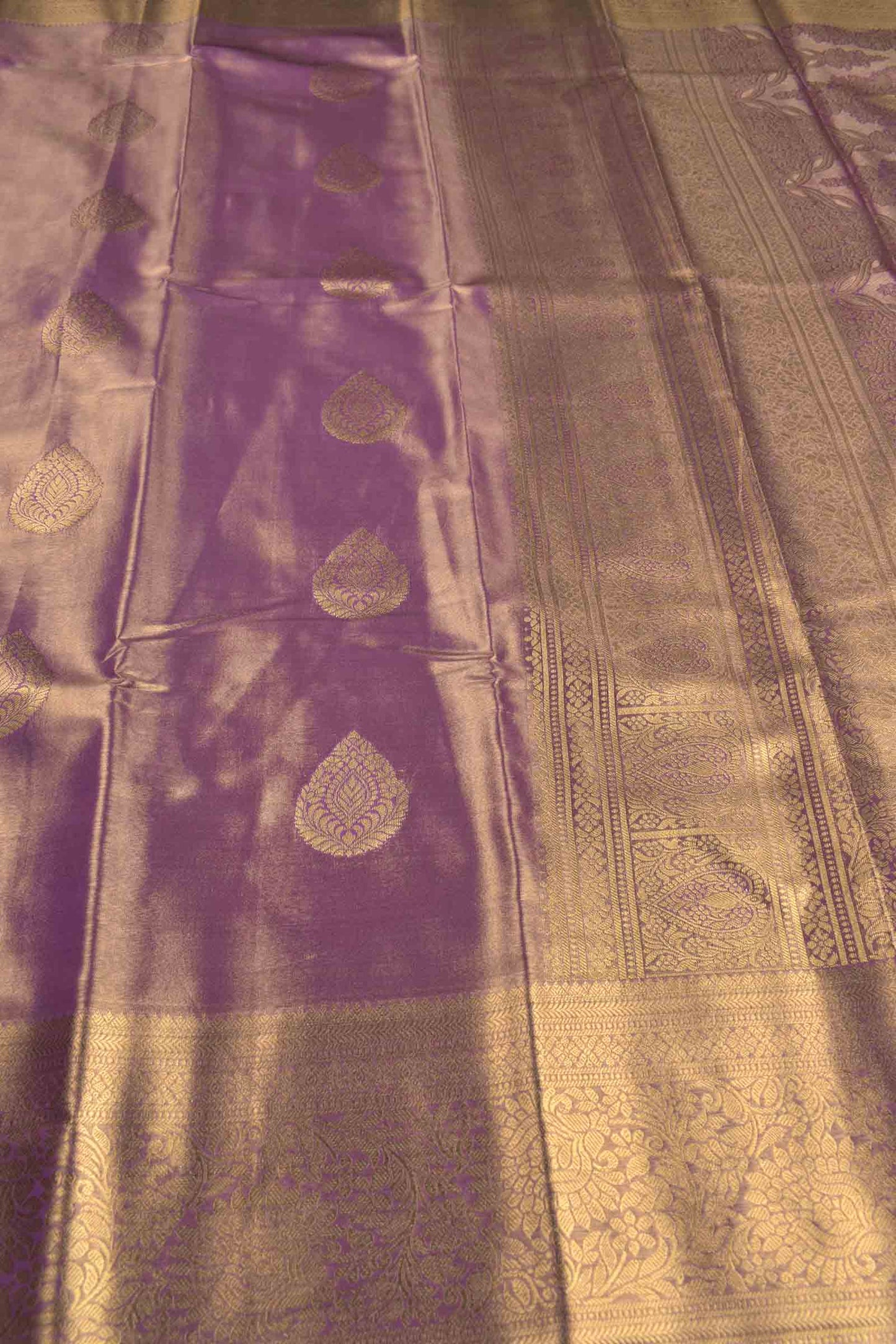 Golden Light Voilet Semi Tissue Silk Zari Body Butta Zari Border Pallu Soft Saree