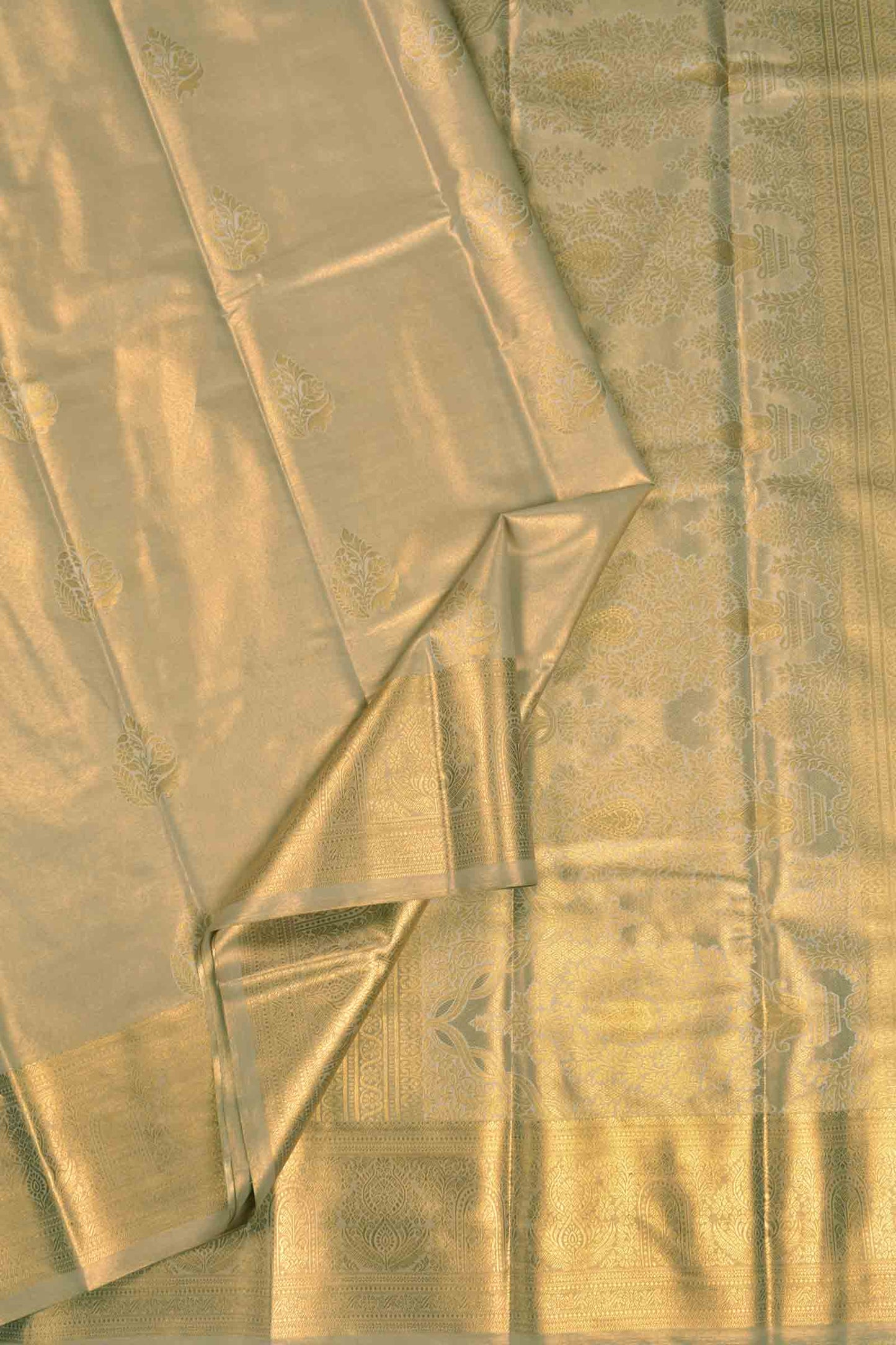 Golden Light Pink Semi Tissue Silk Zari Body Butta Zari Border Soft Saree
