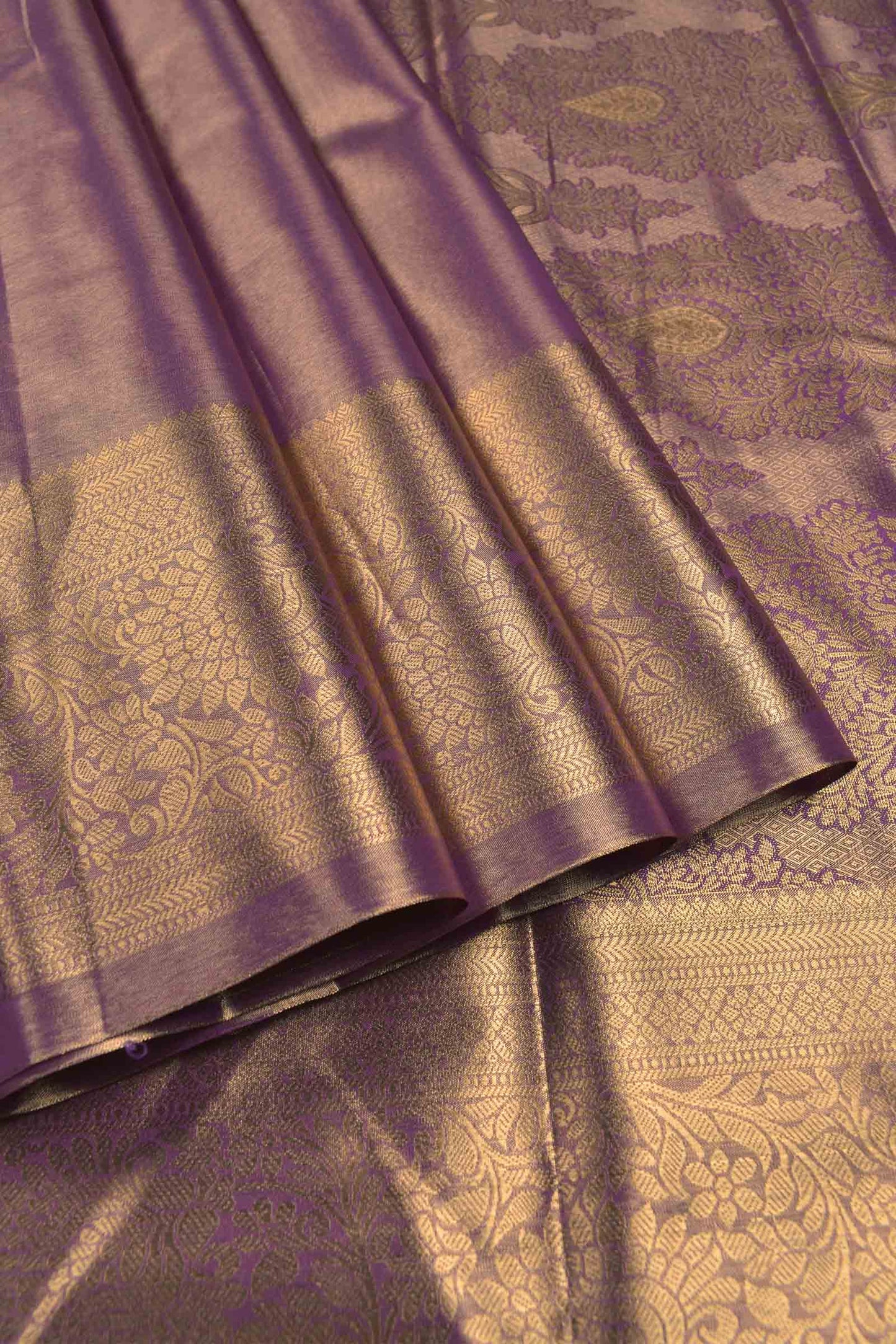 Golden Light Voilet Semi Tissue Silk Zari Body Butta Zari Border Pallu Soft Saree