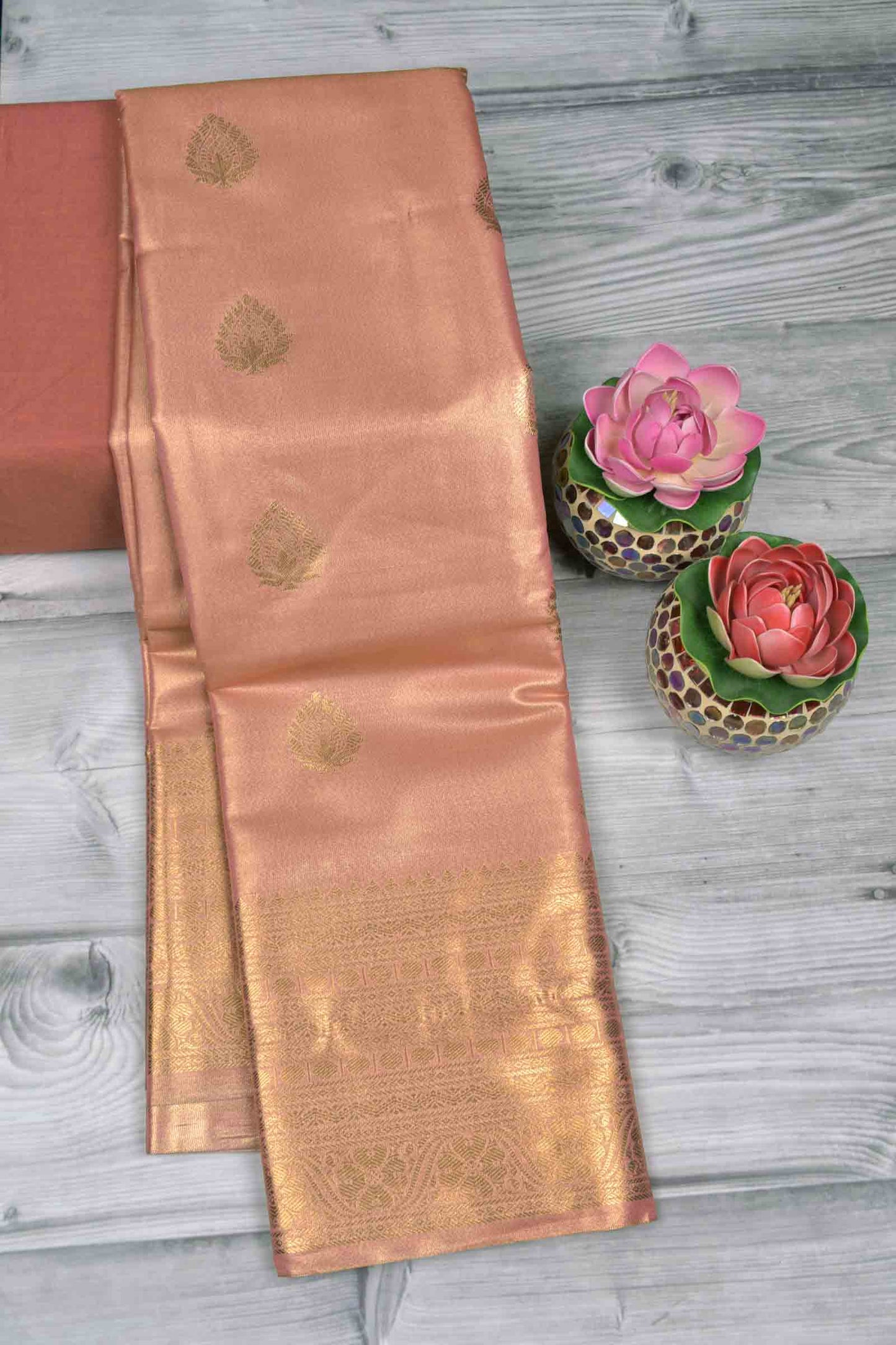Golden Pink Semi Tissue Silk Fancy Butta Zari Border Pallu Saree