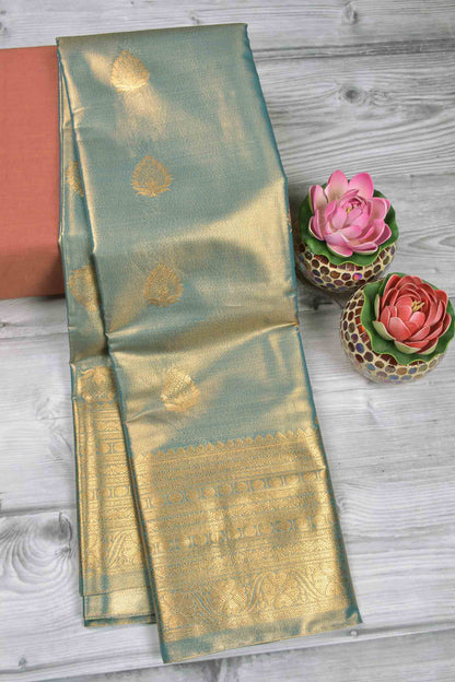 Golden Light Grey Blue Shade Semi Tissue Silk Fancy Butta Zari Border Pallu Saree