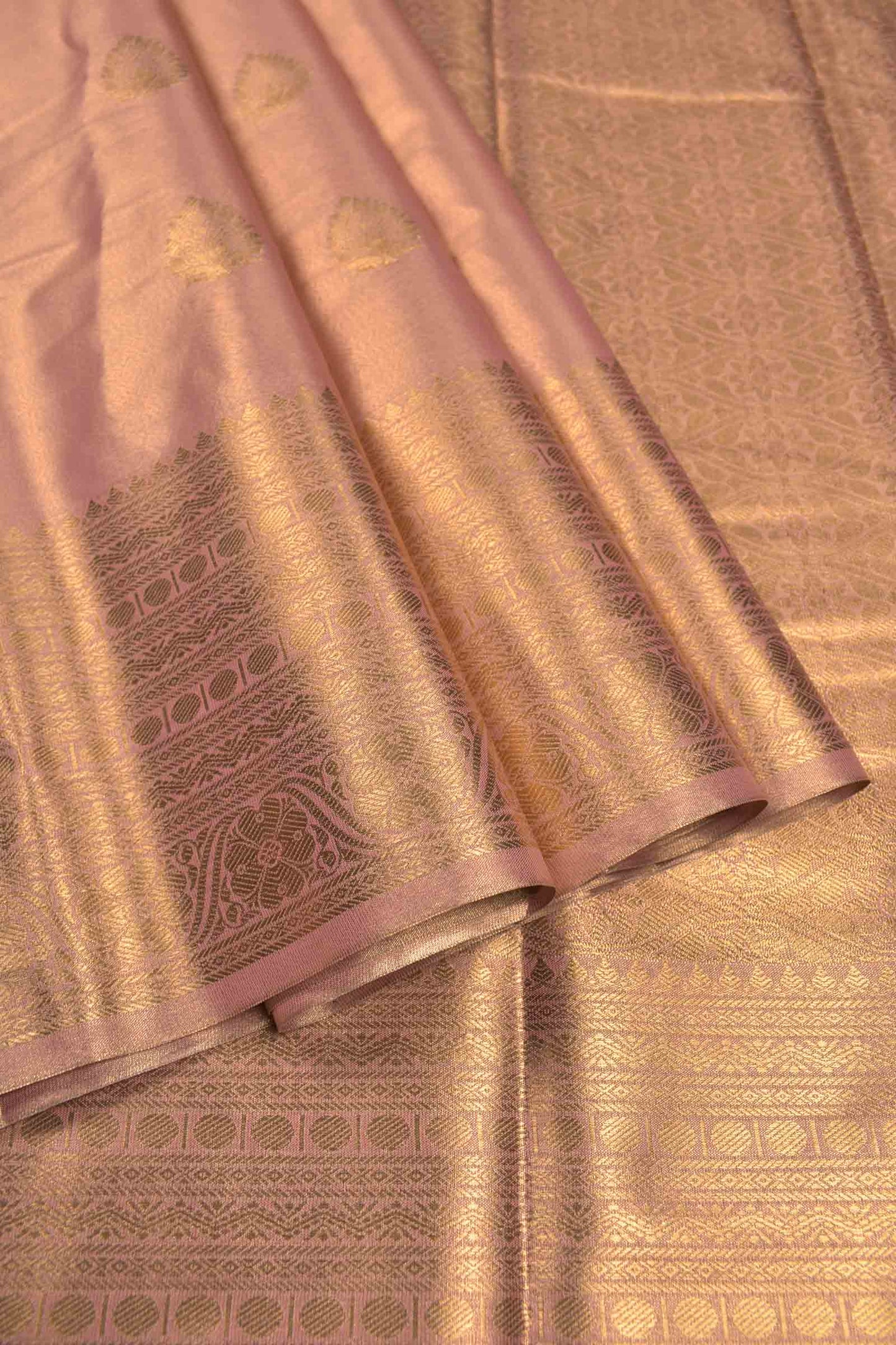 Golden Pink Semi Tissue Silk Fancy Butta Zari Border Pallu Saree