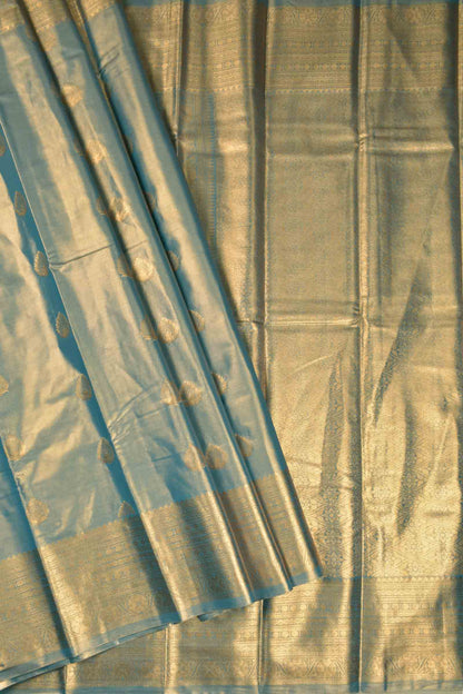 Golden Light Grey Blue Shade Semi Tissue Silk Fancy Butta Zari Border Pallu Saree