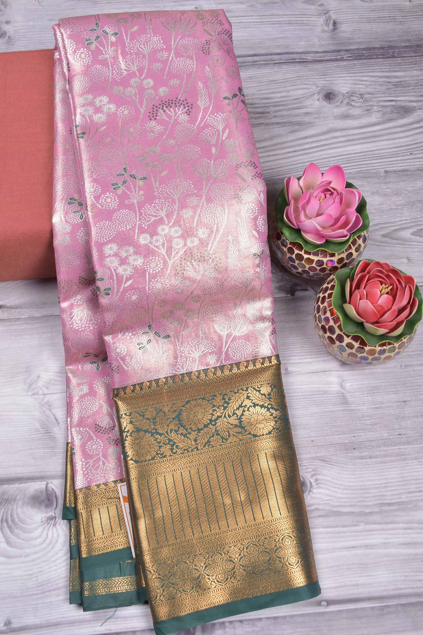 Pink Semi Tissue Silk Silver Zari Florals Contrast Green Zari Border Pallu Saree