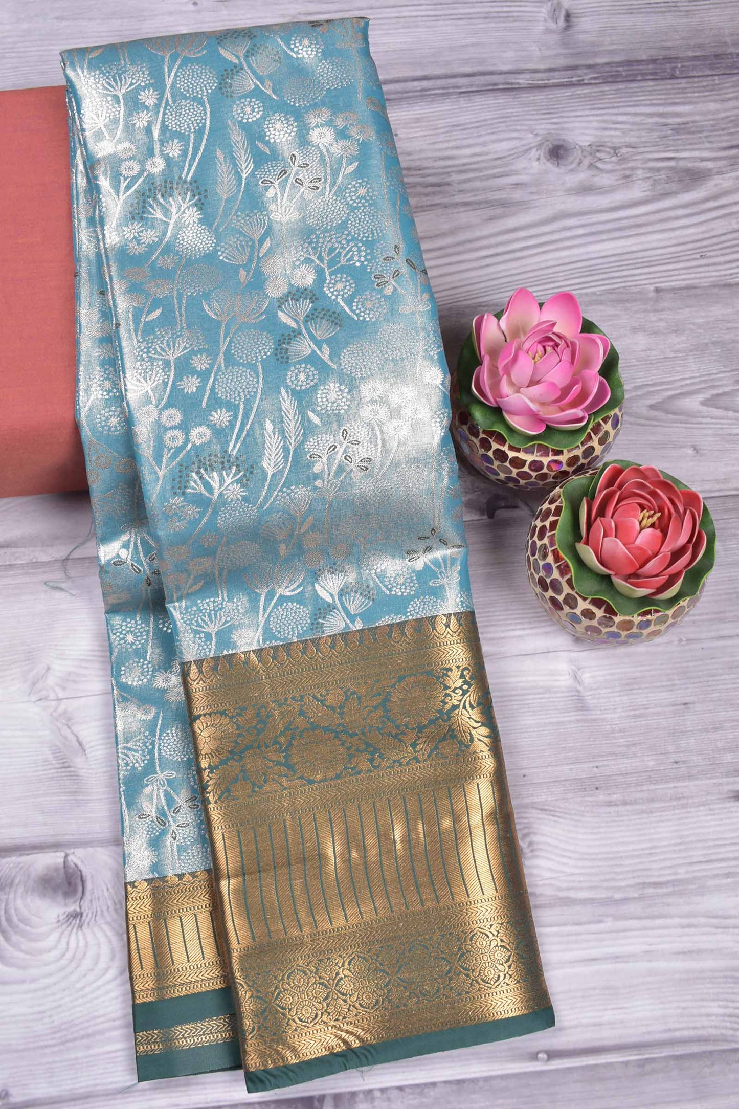 Sky Blue Semi Tissue Silk Silver Zari Florals Contrast Green Zari Border Pallu Saree