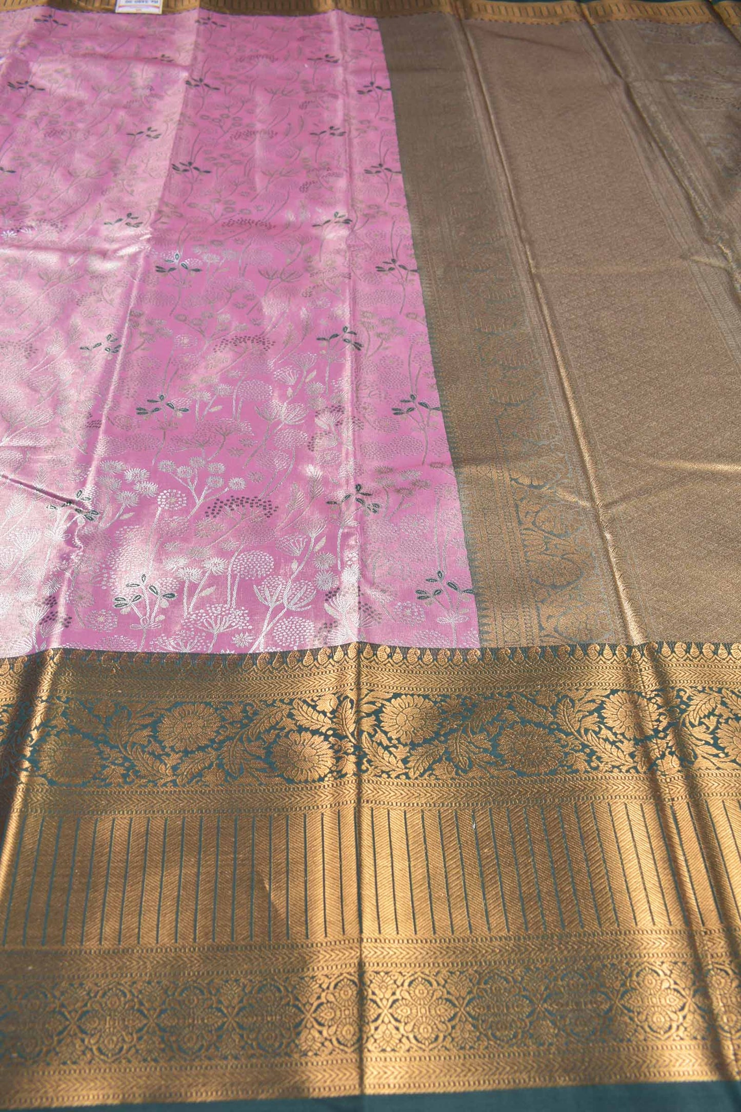 Pink Semi Tissue Silk Silver Zari Florals Contrast Green Zari Border Pallu Saree