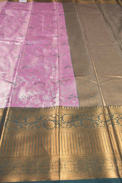 Pink Semi Tissue Silk Silver Zari Florals Contrast Green Zari Border Pallu Saree