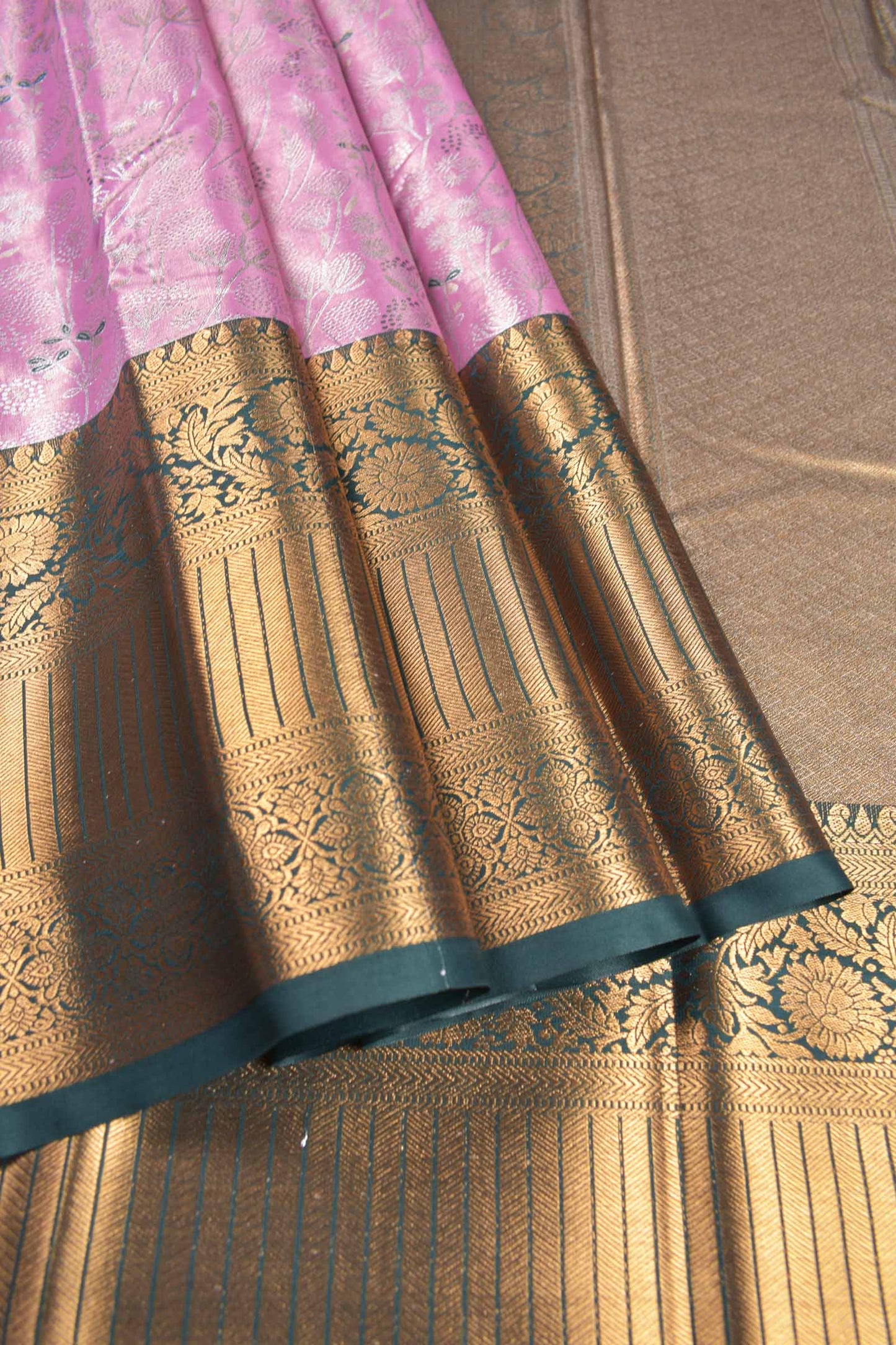 Pink Semi Tissue Silk Silver Zari Florals Contrast Green Zari Border Pallu Saree