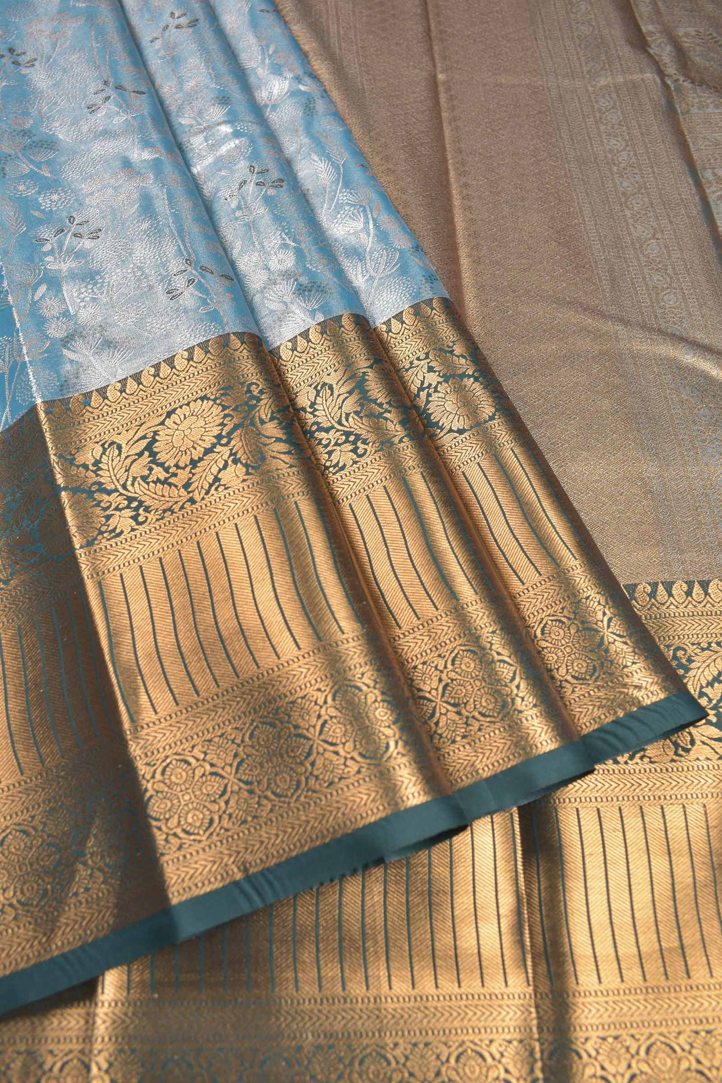 Sky Blue Semi Tissue Silk Silver Zari Florals Contrast Green Zari Border Pallu Saree