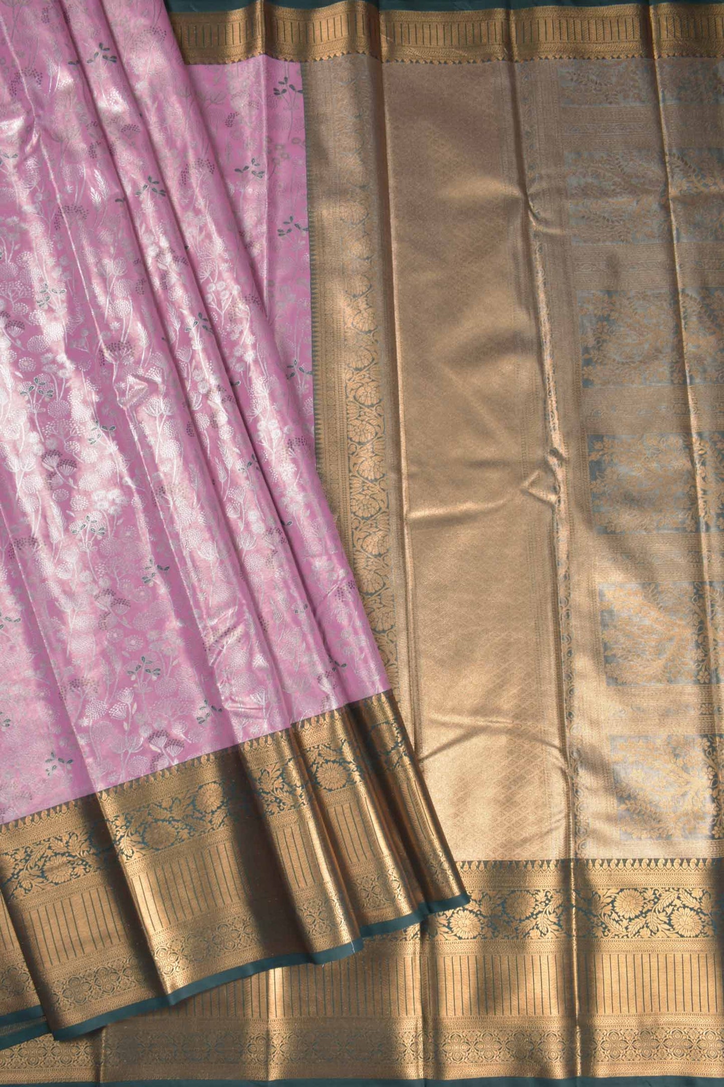 Pink Semi Tissue Silk Silver Zari Florals Contrast Green Zari Border Pallu Saree