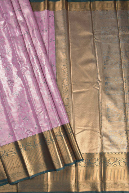 Pink Semi Tissue Silk Silver Zari Florals Contrast Green Zari Border Pallu Saree