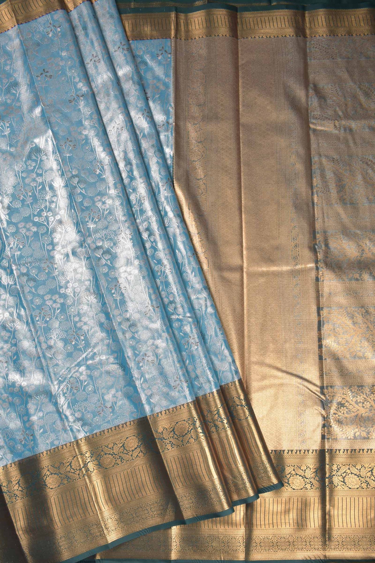 Sky Blue Semi Tissue Silk Silver Zari Florals Contrast Green Zari Border Pallu Saree