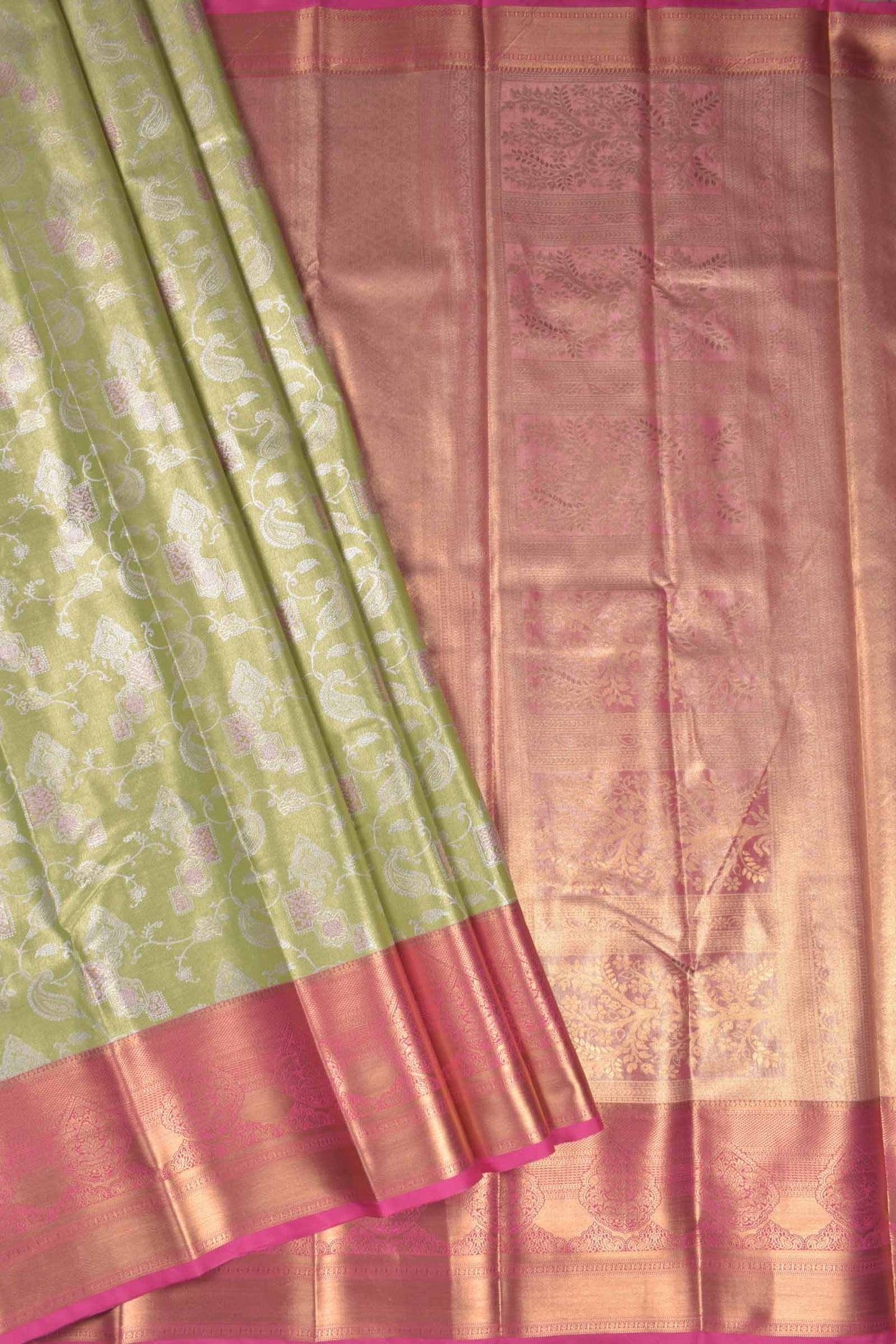 Light Green Semi Tissue Silk Silver Zari Florals Contrast Pink Zari Border Pallu Saree