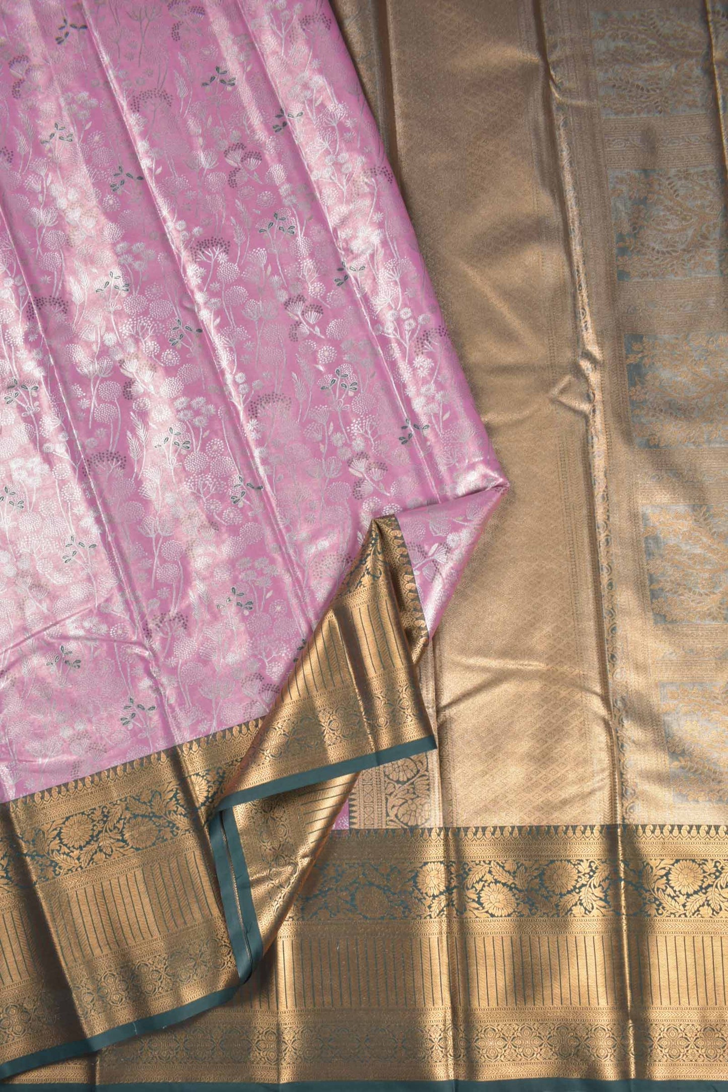 Pink Semi Tissue Silk Silver Zari Florals Contrast Green Zari Border Pallu Saree