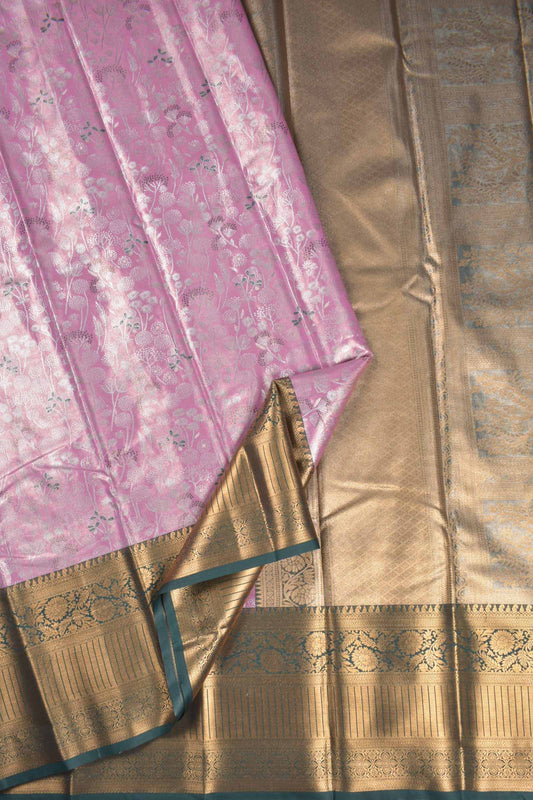 Pink Semi Tissue Silk Silver Zari Florals Contrast Green Zari Border Pallu Saree