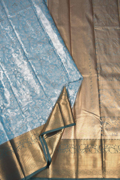 Sky Blue Semi Tissue Silk Silver Zari Florals Contrast Green Zari Border Pallu Saree