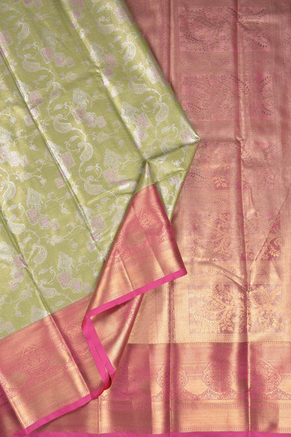 Light Green Semi Tissue Silk Silver Zari Florals Contrast Pink Zari Border Pallu Saree