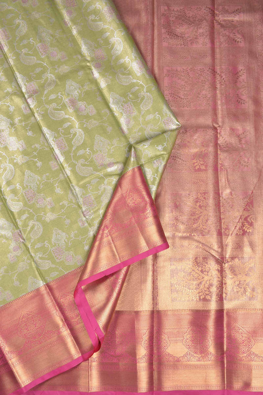 Light Green Semi Tissue Silk Silver Zari Florals Contrast Pink Zari Border Pallu Saree