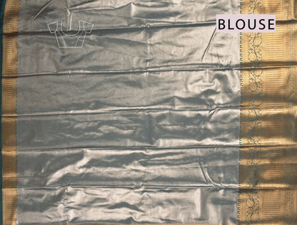 Sky Blue Semi Tissue Silk Silver Zari Florals Contrast Green Zari Border Pallu Saree