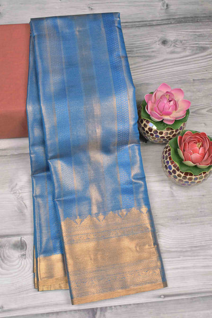 Golden Blue Semi Tissue Silk Fancy Zari Lines  Brocade Zari Border Pallu Saree