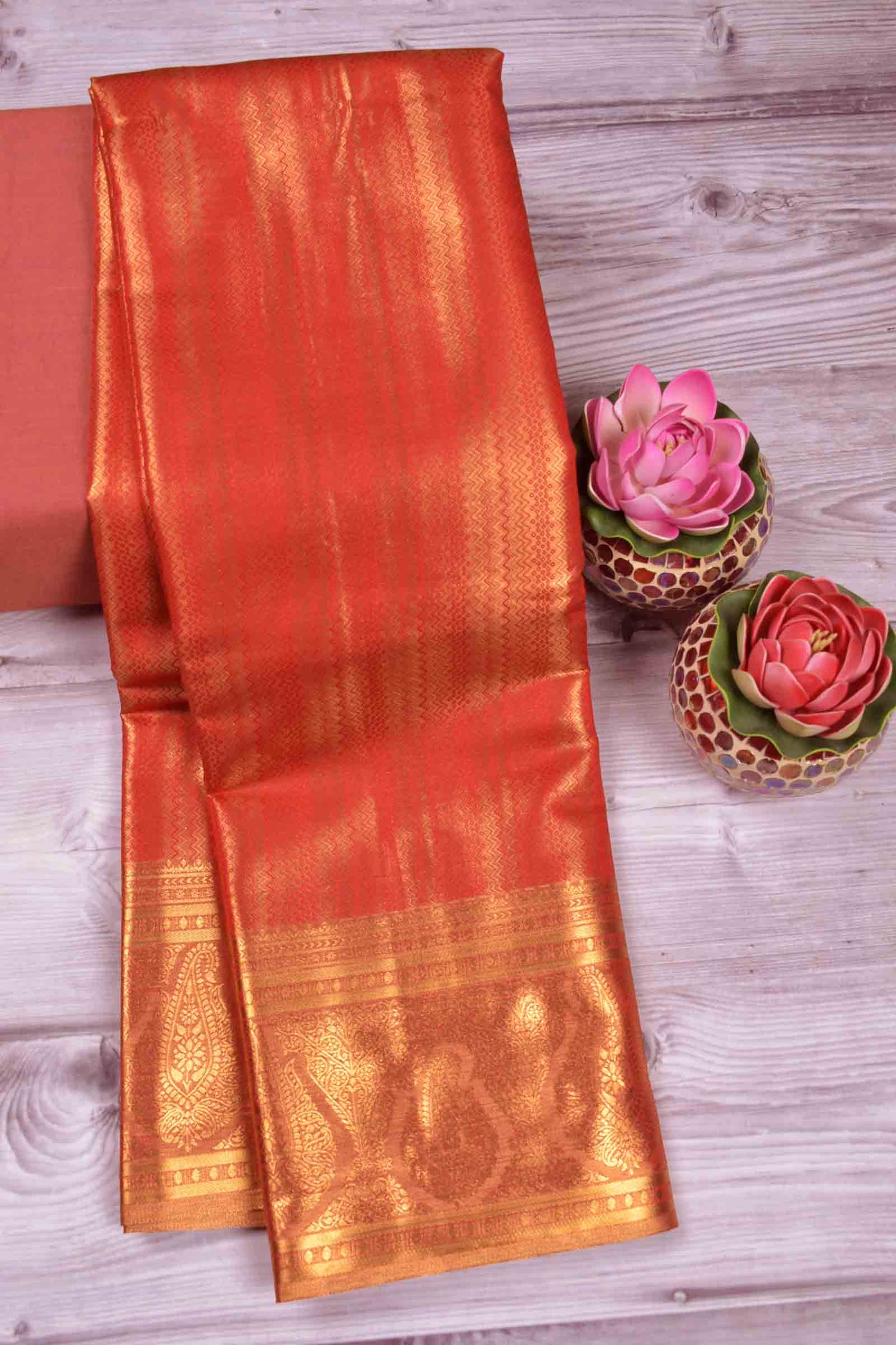 Golden Red Semi Tissue Silk Fancy Zari Stripes Brocade Zari Border Pallu Saree