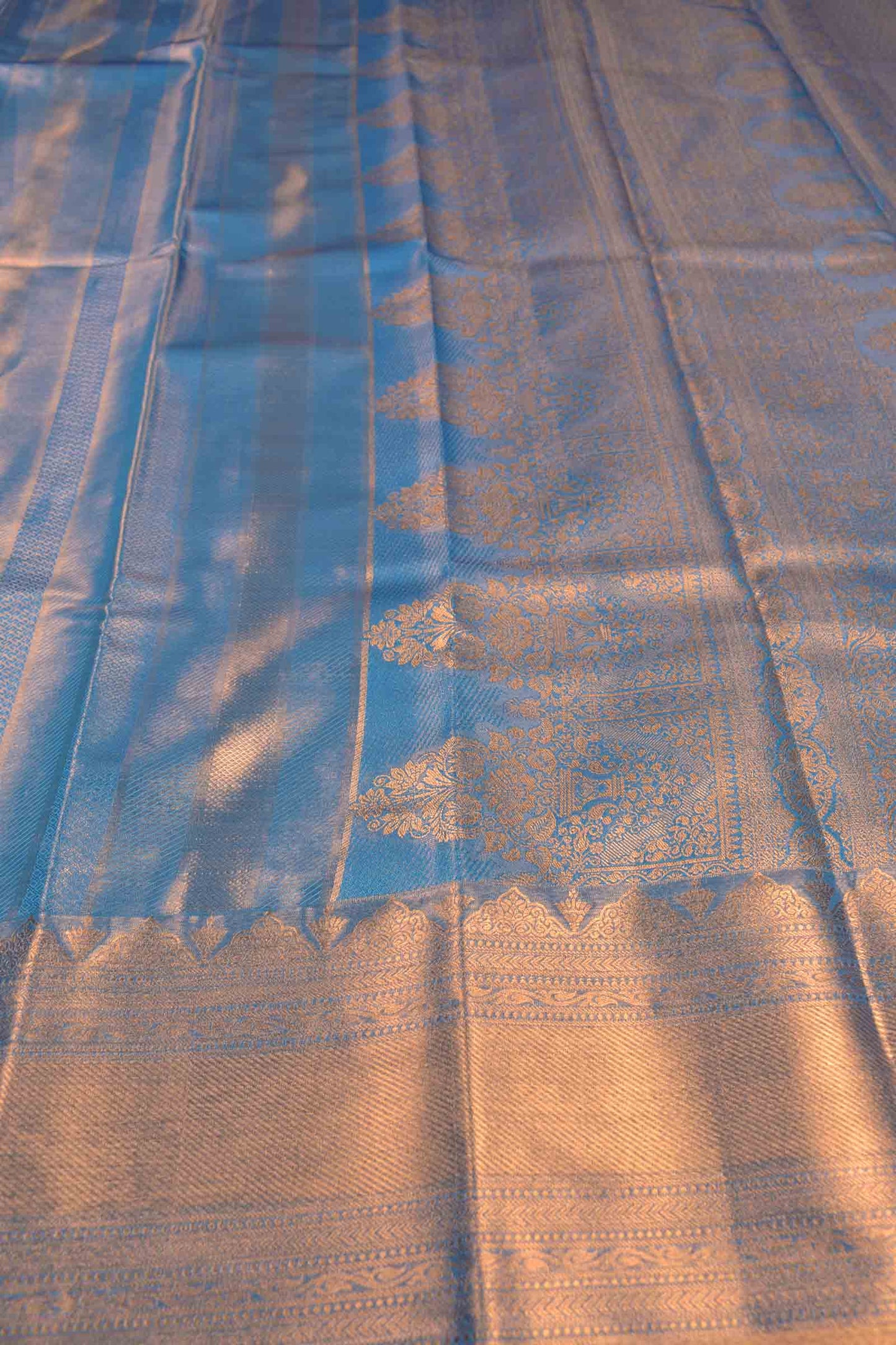 Golden Blue Semi Tissue Silk Fancy Zari Lines  Brocade Zari Border Pallu Saree