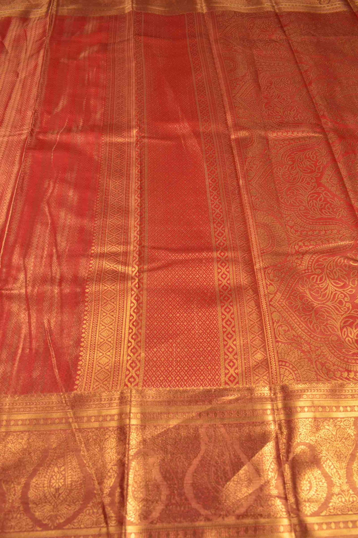 Golden Red Semi Tissue Silk Fancy Zari Stripes Brocade Zari Border Pallu Saree