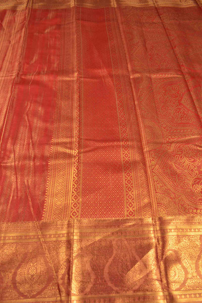 Golden Red Semi Tissue Silk Fancy Zari Stripes Brocade Zari Border Pallu Saree